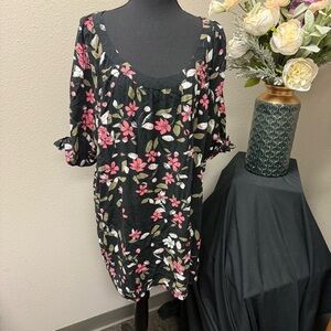 Ellos Black Floral Scoop Neck Shift Dress Plus Size 24 Casual Chic